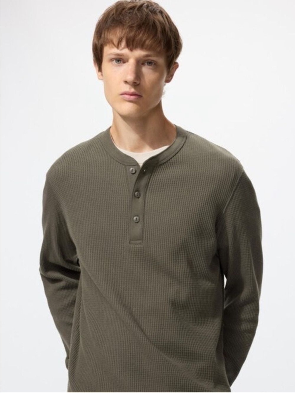 Uniqlo Grey Waffle Knit Henley Shirt Long Sleeve Mens S